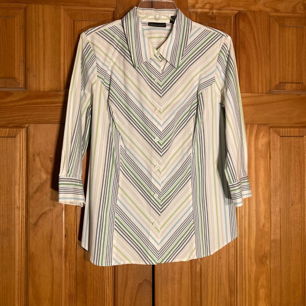 NWOT Apostrophe Stretch Vintage 90s Blouse 3/4 Sleeve Top White Blue L Large